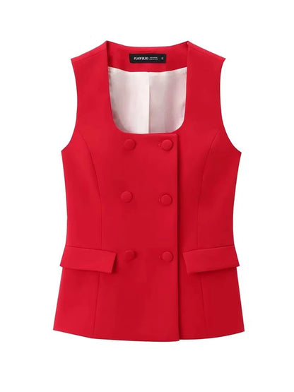 Women's Red Formal Outfit: Tailored Vest and Elegant Straight-Leg Trousers