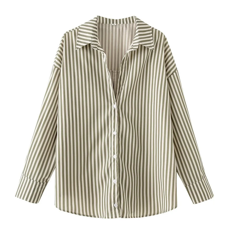 Women's Striped Casual Elegant Shirt, Button-Down Dress Shirt, Long-Sleeved Striped Blouse