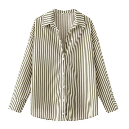 Women's Striped Casual Elegant Shirt, Button-Down Dress Shirt, Long-Sleeved Striped Blouse