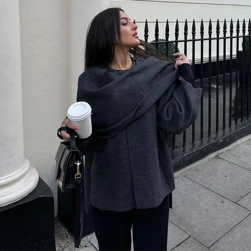 Women's Winter Poncho Coat with Draped Collar, Elegant Wool Cape Blouse, Autumn/Winter Fashion