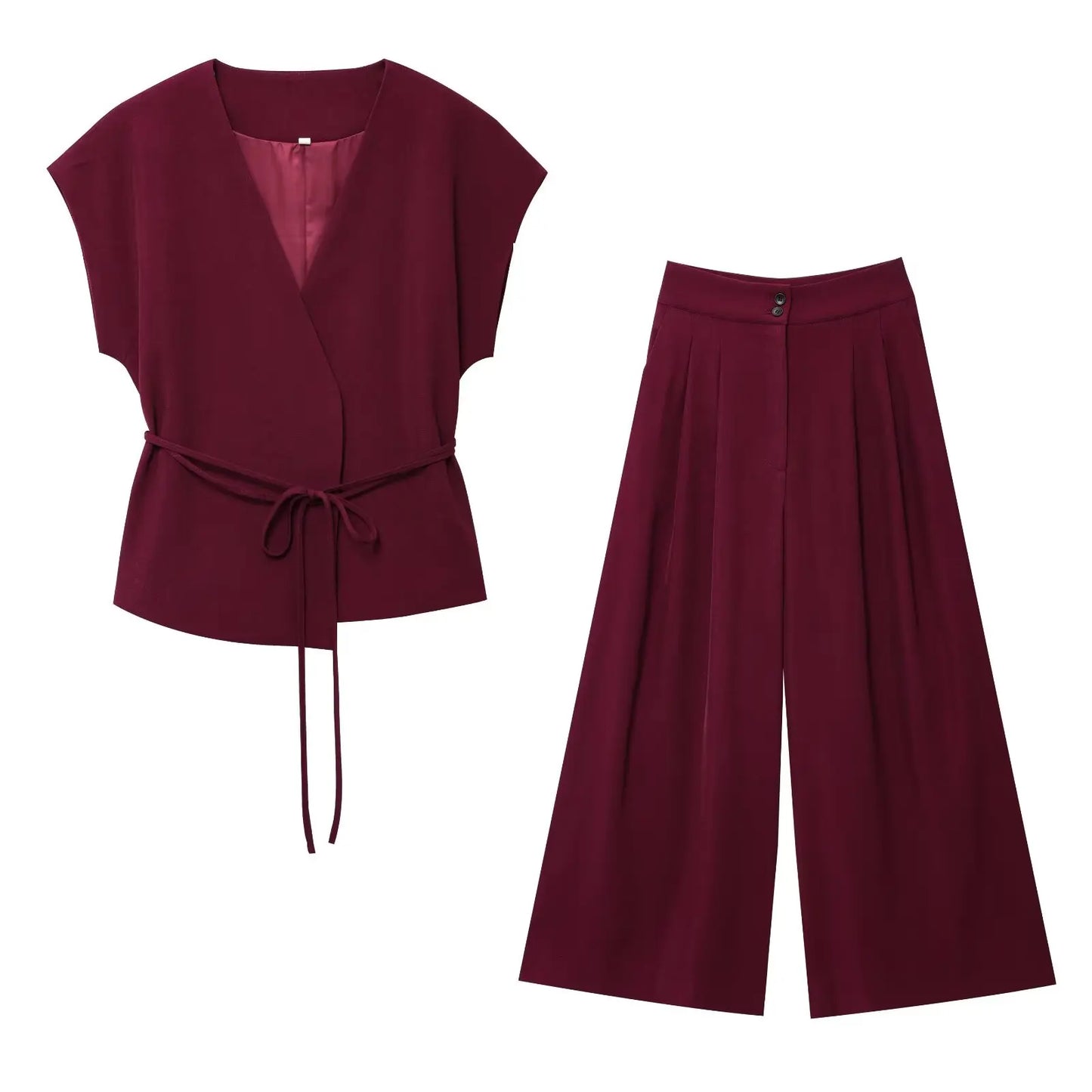 Women's Fashion pants and blouse set, consisting of a sleeveless blouse with a V-neck and tie detail, ideal for spring/summer.