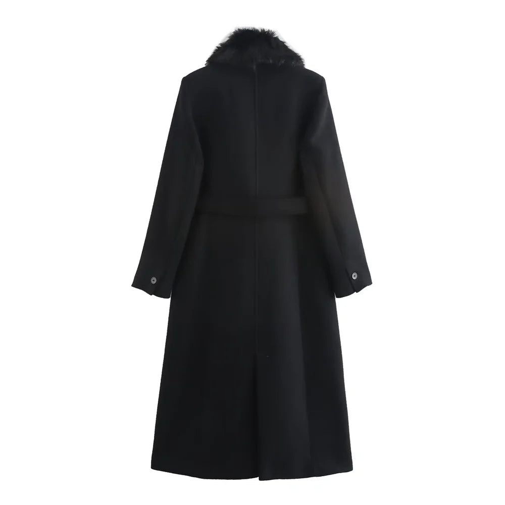 Women's Long Wool Coat with Fur Collar and Elegant Belt - Winter