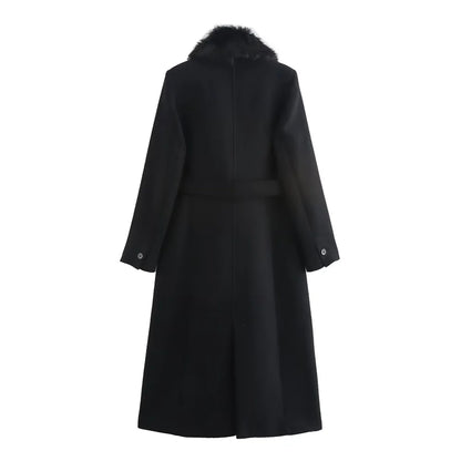 Women's Long Wool Coat with Fur Collar and Elegant Belt - Winter