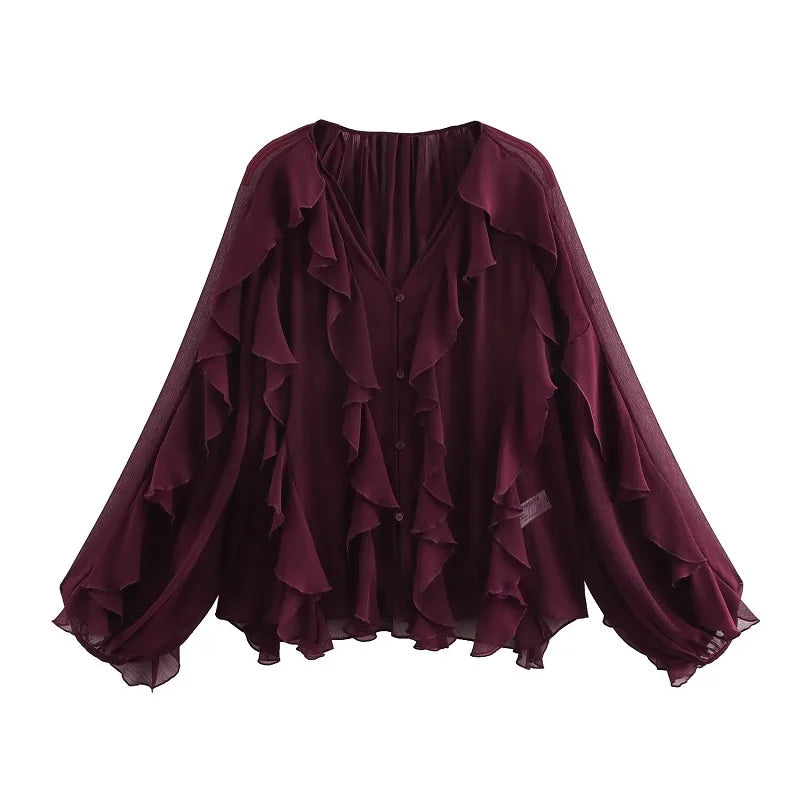 Women's blouses with ruffles, semi-sheer, casual, for spring, fairy-like style, with long sleeves.