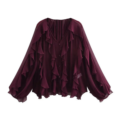 Women's blouses with ruffles, semi-sheer, casual, for spring, fairy-like style, with long sleeves.