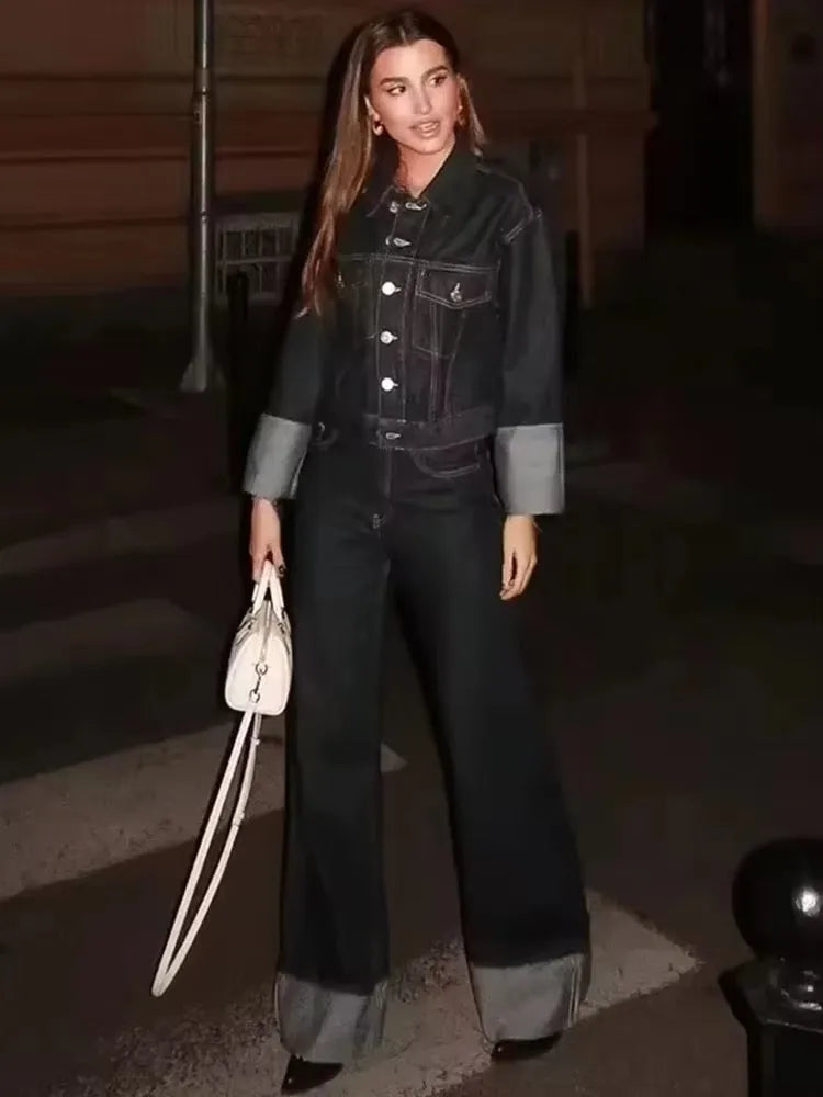 Women Vintage Denim Jacket Pant Sets Single Breasted Lapel Long Sleeve Coat Wide Leg Trousers Jeans High Street Outfits