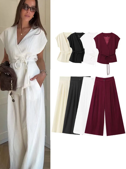 Women's Fashion pants and blouse set, consisting of a sleeveless blouse with a V-neck and tie detail, ideal for spring/summer.