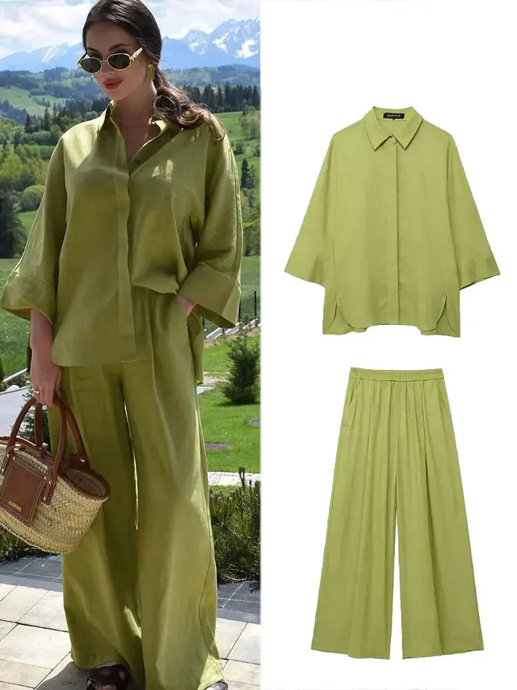 Women's Linen Set | Oversized Shirt and Wide Leg Pants