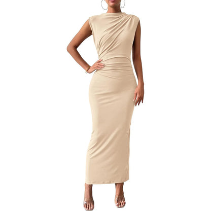 Elegant Women's Long Knit Dress, Fitted with Draping, Casual Chic Style