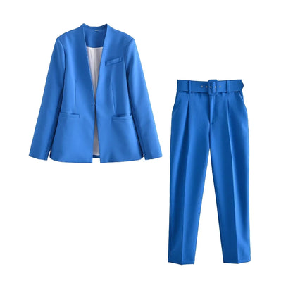 Women's Formal Suit: Blazer and Tailored Trousers with Belt