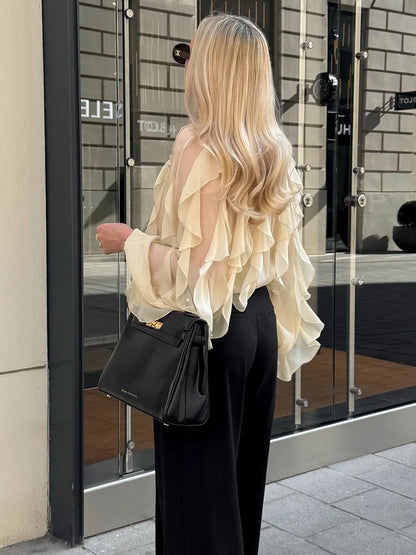 Women's Chiffon Blouse with Ruffles, Long Sleeves, Lightweight and Elegant