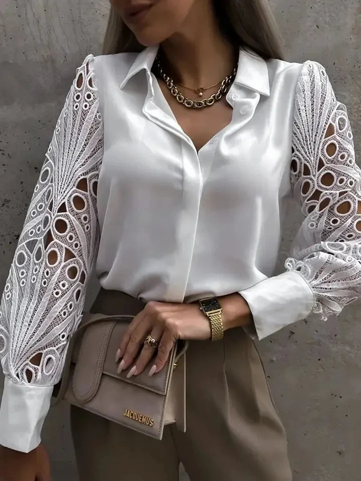 Women's Satin Shirt with Long Sleeves and Openwork Lace - Elegant for Work or Events