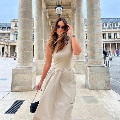 Women's Elegant Casual Cotton Tank Top Midi Dress, Black or Beige