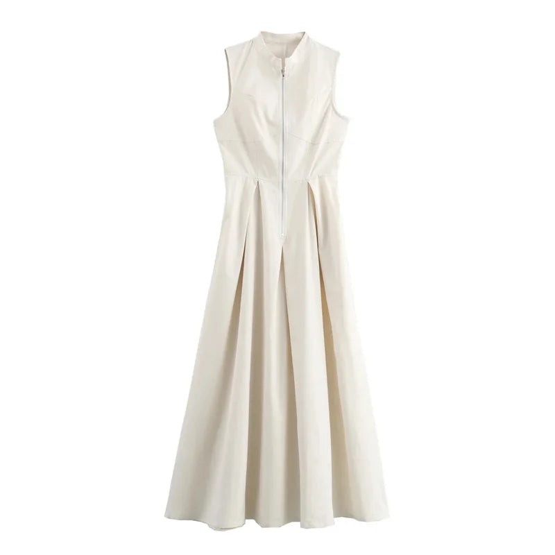 Long dress with zipper, pleated, sleeveless, bodycon, elegant for summer parties, midi length.