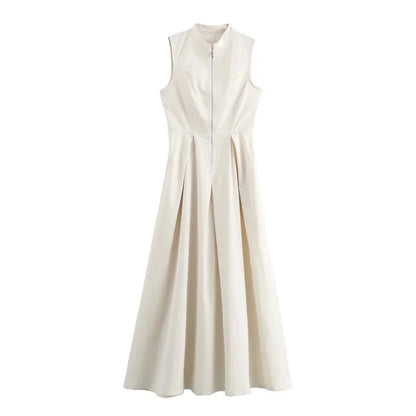 Long dress with zipper, pleated, sleeveless, bodycon, elegant for summer parties, midi length.