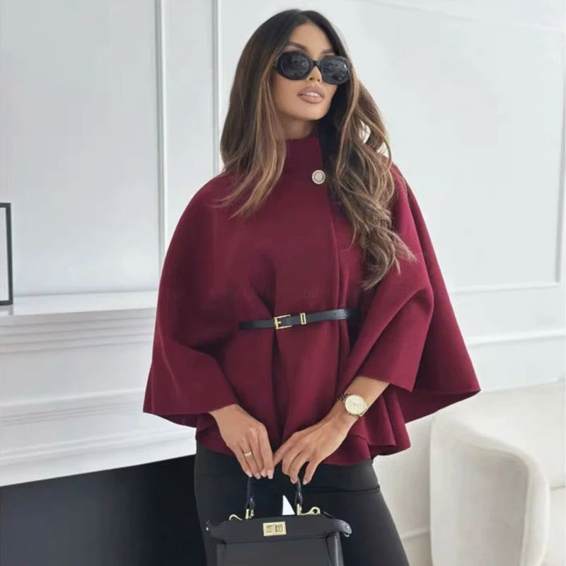 Elegant Women's Cape with Button and Belt, Poncho Coat, Winter, Chic Fashion