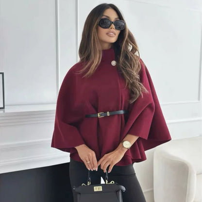 Elegant Women's Cape with Button and Belt, Poncho Coat, Winter, Chic Fashion