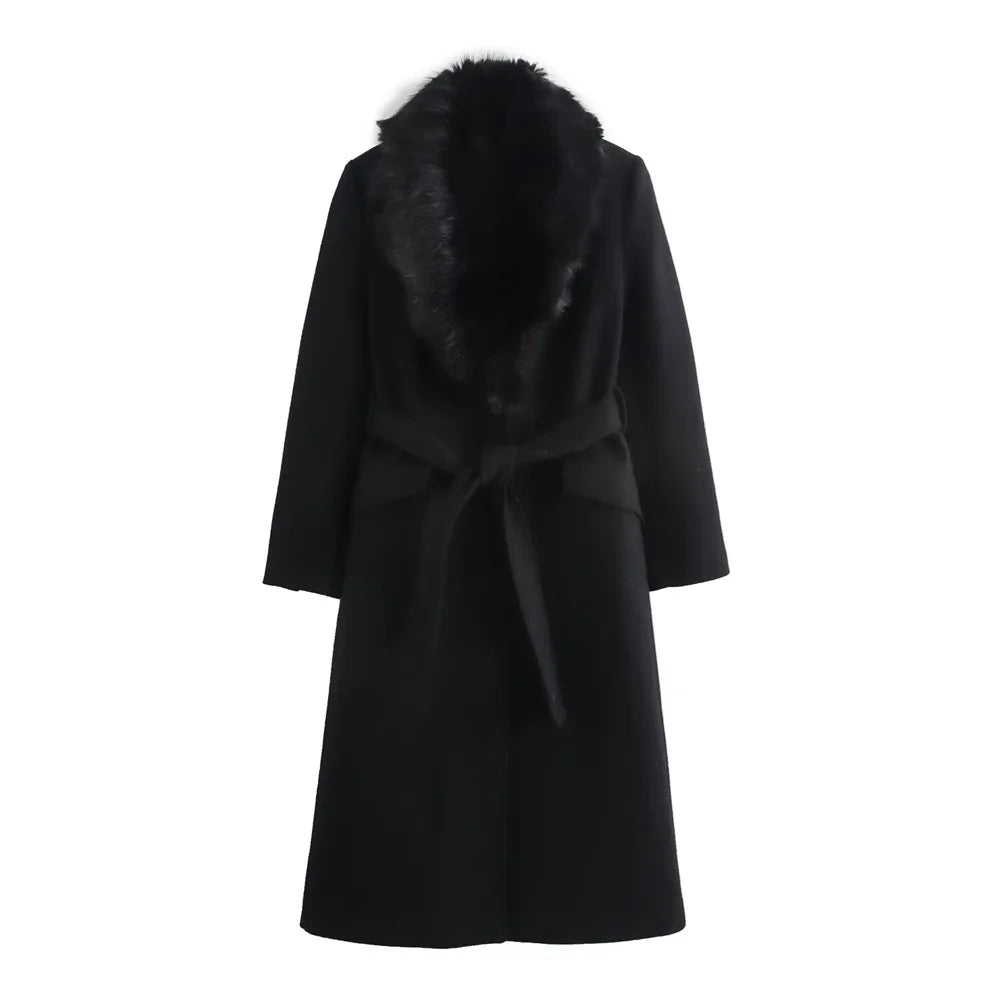Women's Long Wool Coat with Fur Collar and Elegant Belt - Winter