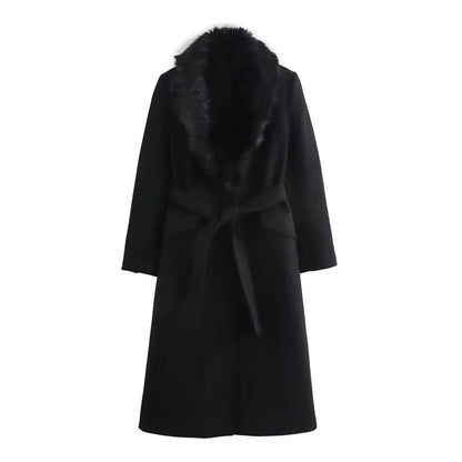 Women's Long Wool Coat with Fur Collar and Elegant Belt - Winter