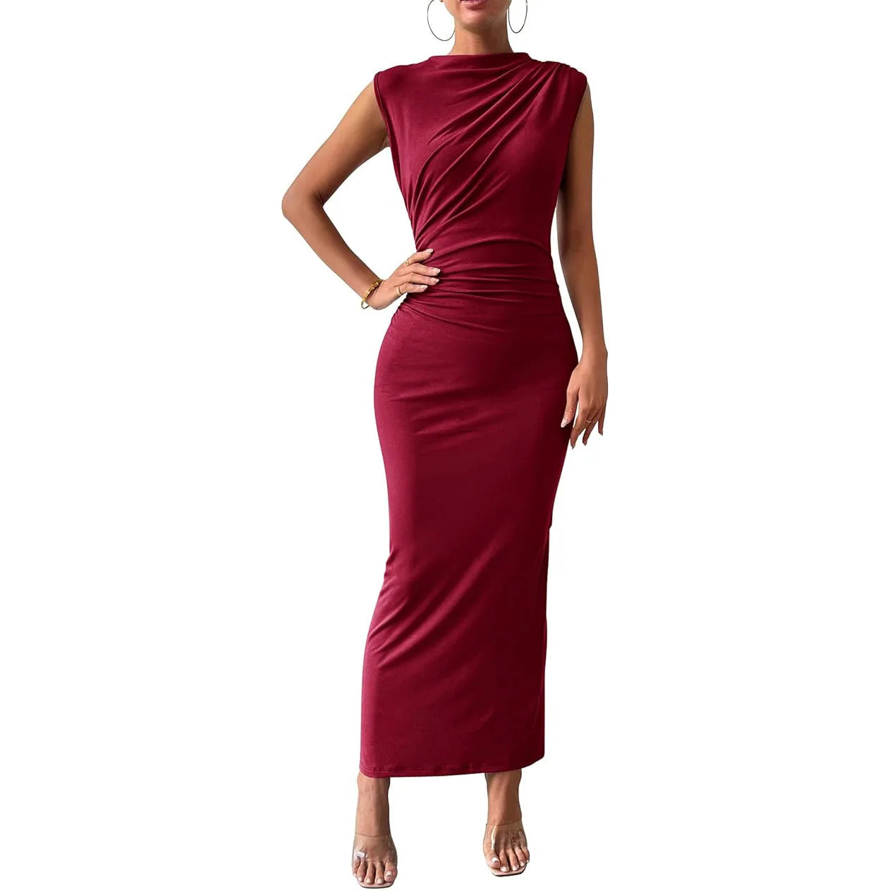 Elegant Women's Long Knit Dress, Fitted with Draping, Casual Chic Style