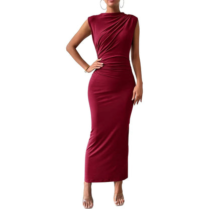 Elegant Women's Long Knit Dress, Fitted with Draping, Casual Chic Style
