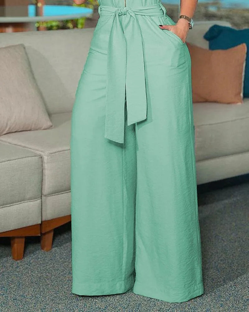 Women's Green Pantacourt Jumpsuit with Zipper and Waistband