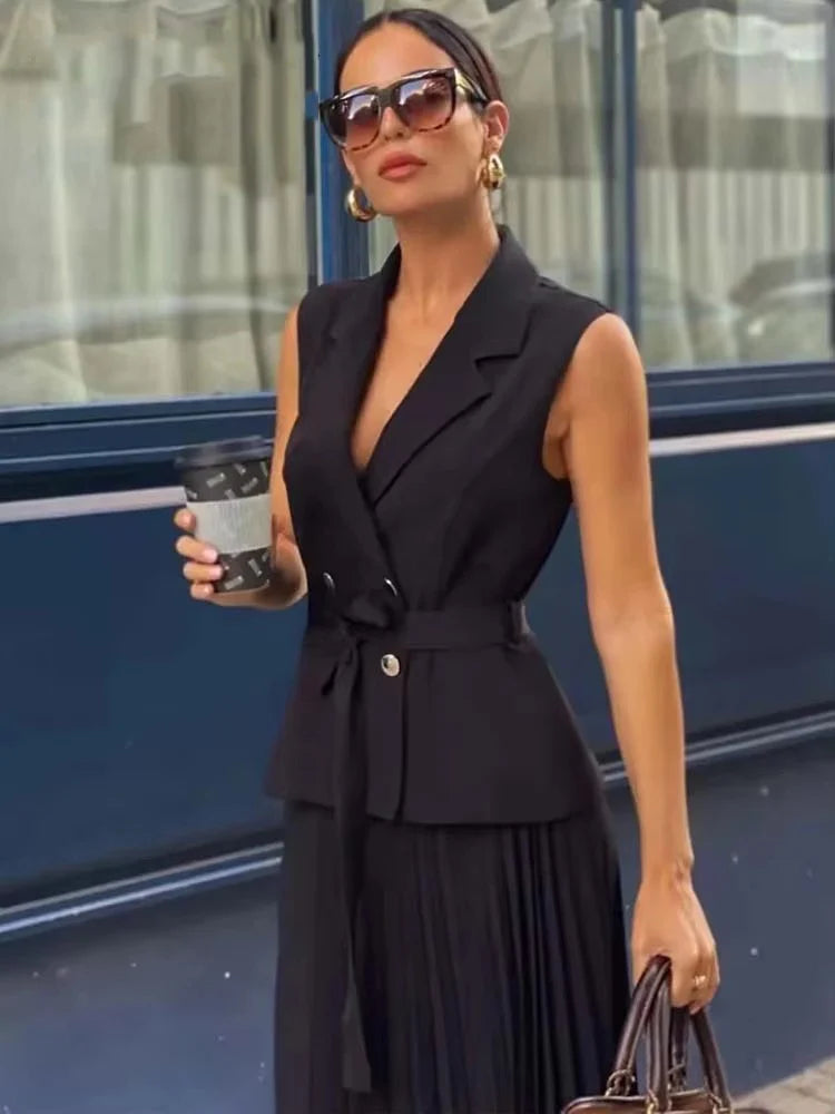 Black Tailored Midi Dress for Women with Vest and Pleated Skirt