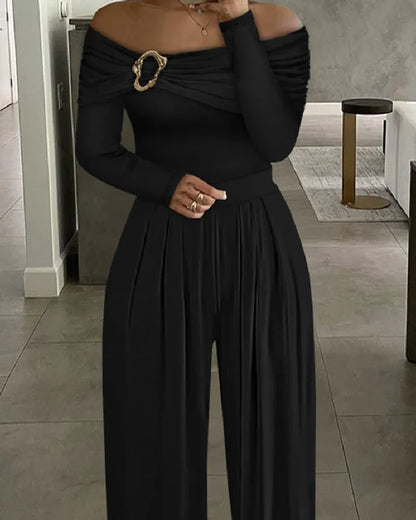 Women's Black Off-the-Shoulder Jumpsuit with Gold Buckle