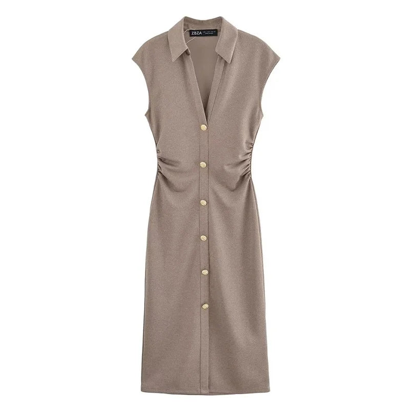 Women's Midi Formal Dress with Gold Buttons and Collar