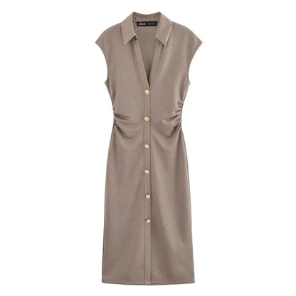 Women's Midi Formal Dress with Gold Buttons and Collar