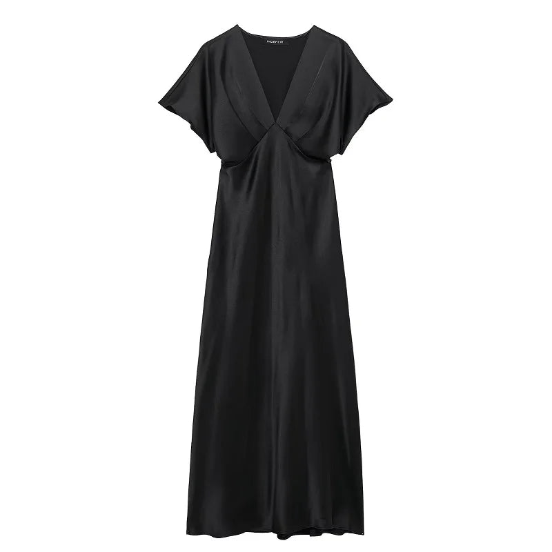 Midi Satin Dress with Flowing Drape