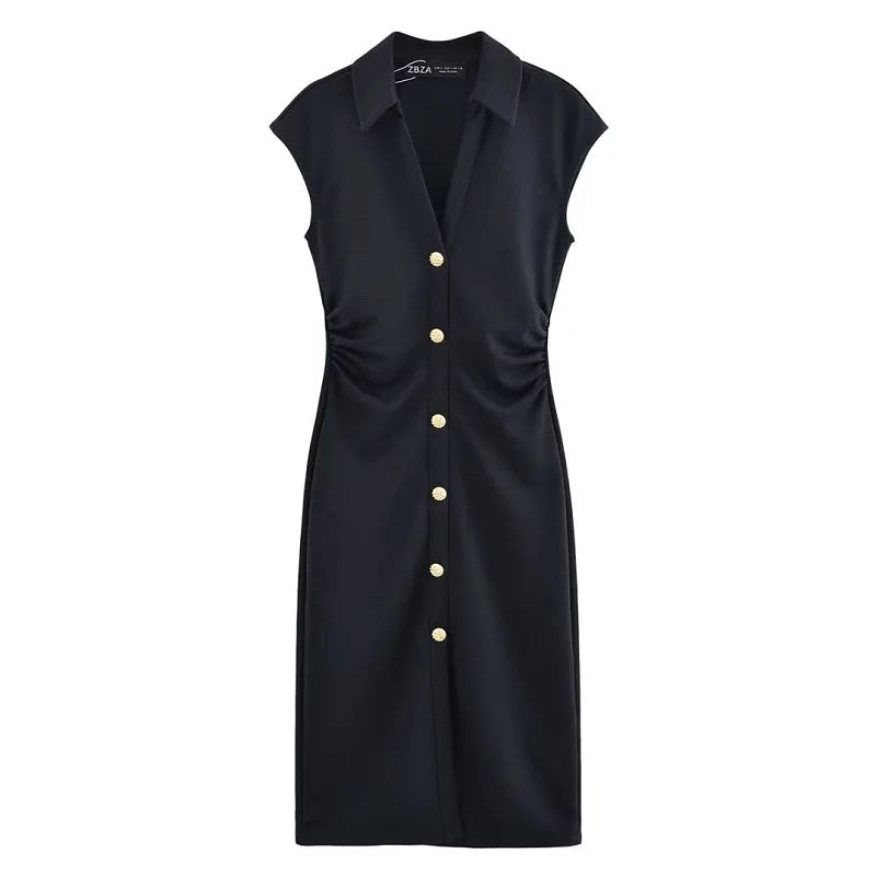 Women's Midi Formal Dress with Gold Buttons and Collar