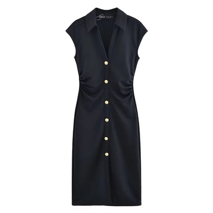 Women's Midi Formal Dress with Gold Buttons and Collar