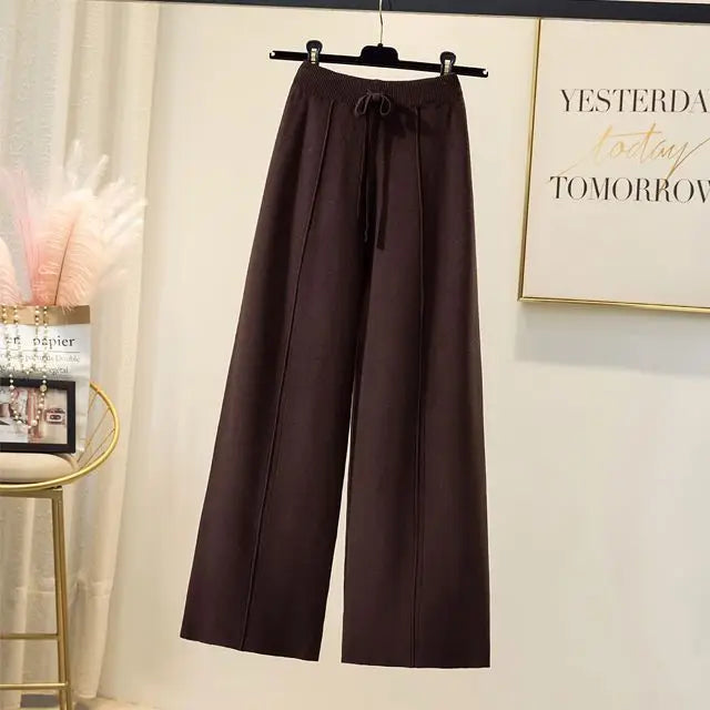 Women's Wide Leg Knit Pants for Winter, High Waist and Adjustable Drawstring