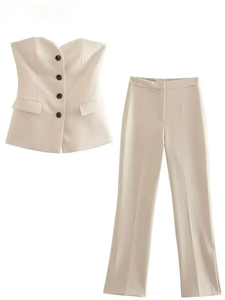 Women's Tailored Set: Corset Top with Buttons and Straight Leg Pants
