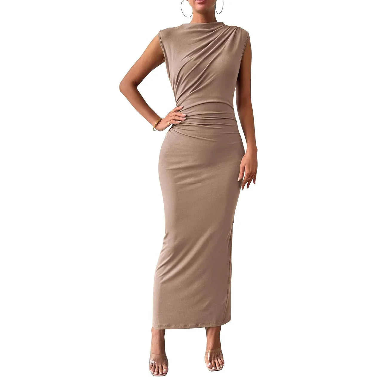 Elegant Women's Long Knit Dress, Fitted with Draping, Casual Chic Style