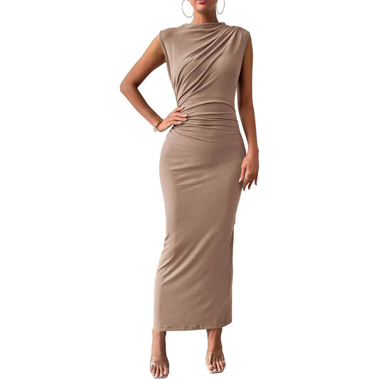 Elegant Women's Long Knit Dress, Fitted with Draping, Casual Chic Style