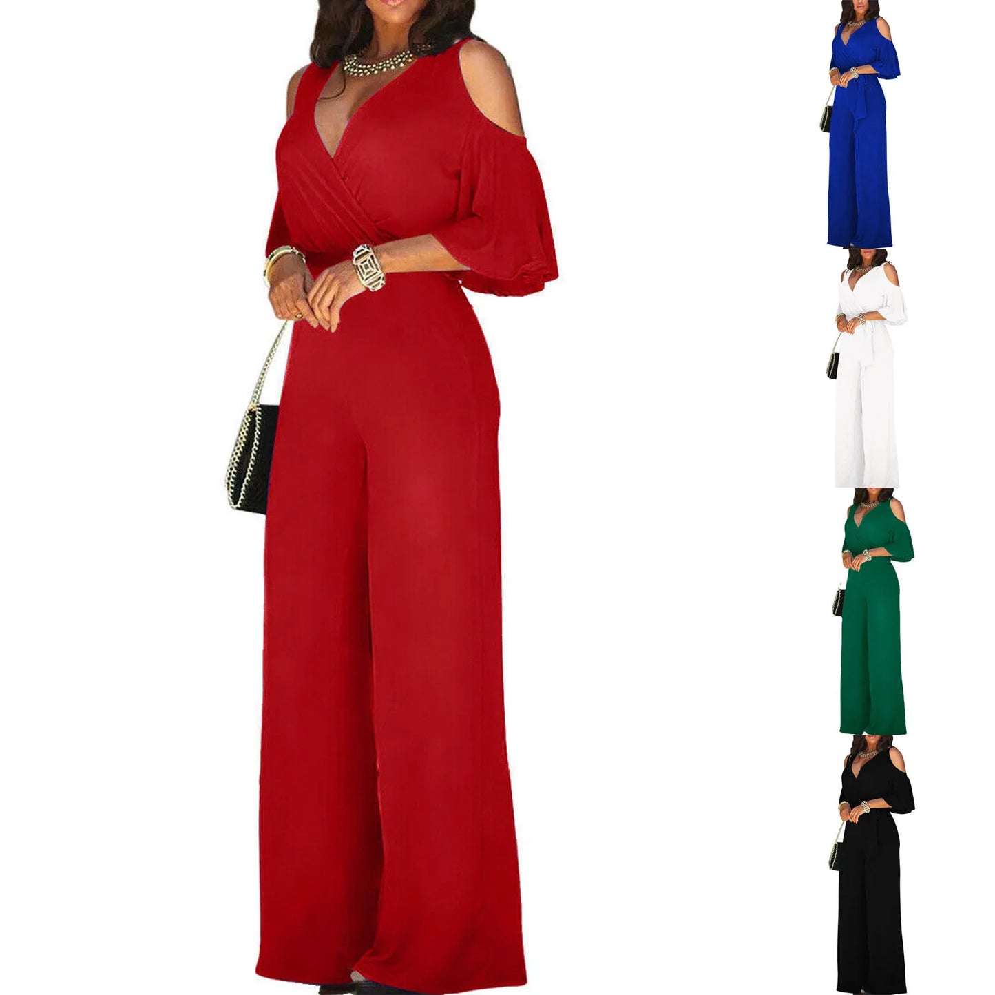 Women's Jumpsuit with Cutout Shoulder, Elegant 3/4 Sleeves, Wide Leg, and Wrap Neckline