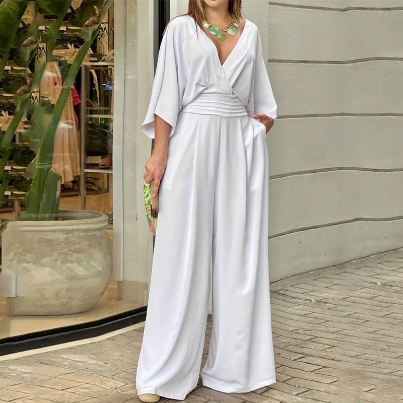 Women's Jumpsuit with Wide-Leg Pants, Flare Sleeves, and Crossover Neckline