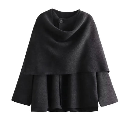 Women's Winter Poncho Coat with Draped Collar, Elegant Wool Cape Blouse, Autumn/Winter Fashion