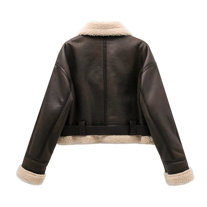 Women's Aviator Jacket in Faux Leather with Fleece Lining | Lined Winter Coat