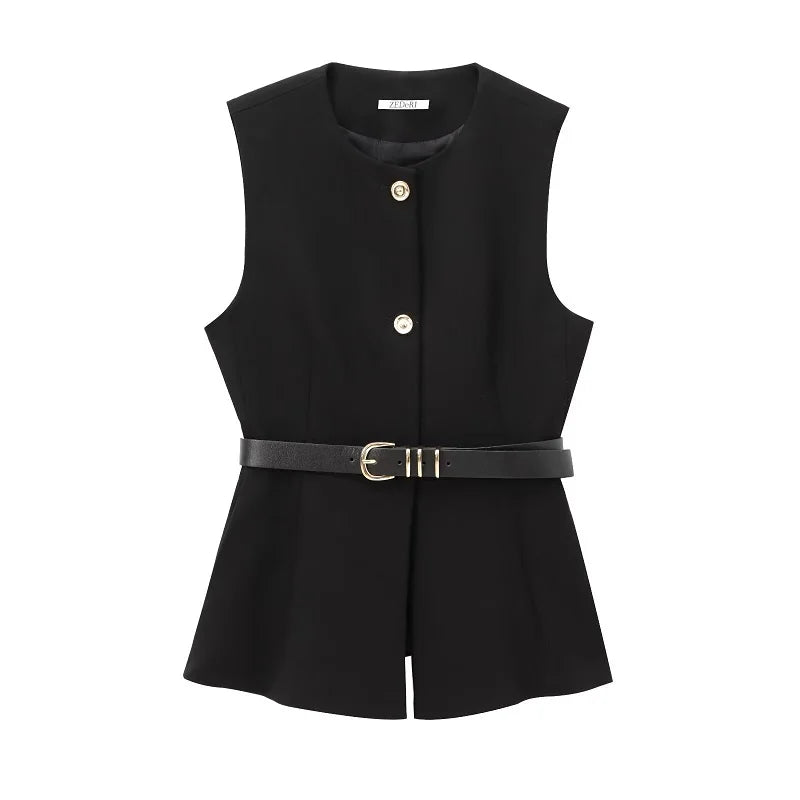 Women's Tailored Vest with Belt Elegant, Fitted at the Waist and Sleeveless