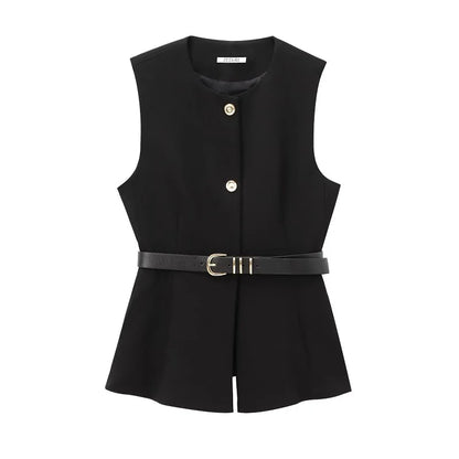 Women's Tailored Vest with Belt Elegant, Fitted at the Waist and Sleeveless