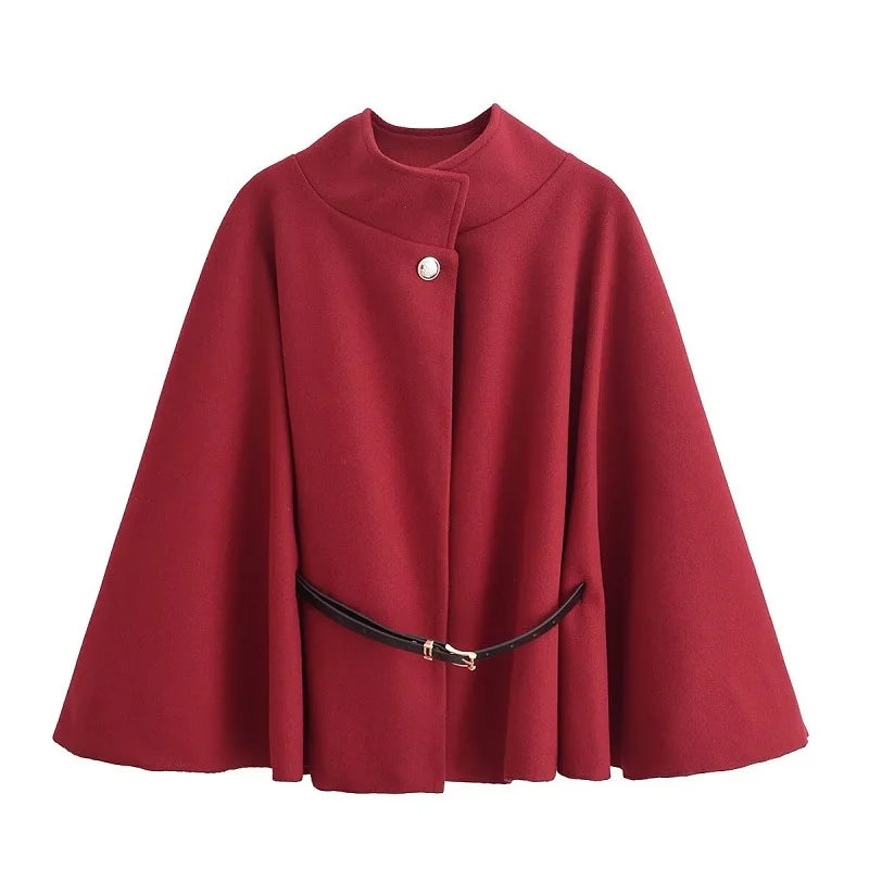 Elegant Women's Cape with Button and Belt, Poncho Coat, Winter, Chic Fashion
