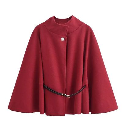 Elegant Women's Cape with Button and Belt, Poncho Coat, Winter, Chic Fashion
