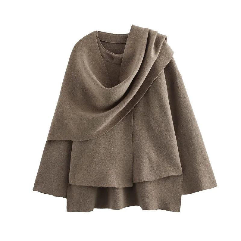 Women's Winter Poncho Coat with Draped Collar, Elegant Wool Cape Blouse, Autumn/Winter Fashion