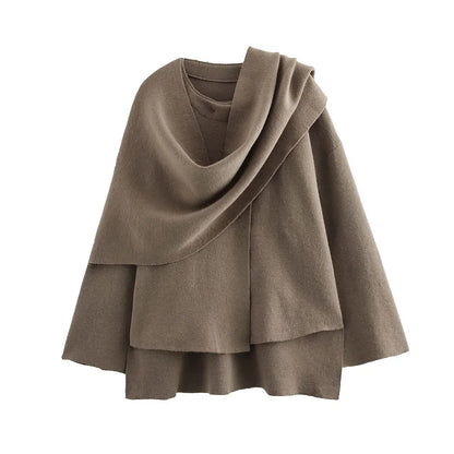Women's Winter Poncho Coat with Draped Collar, Elegant Wool Cape Blouse, Autumn/Winter Fashion