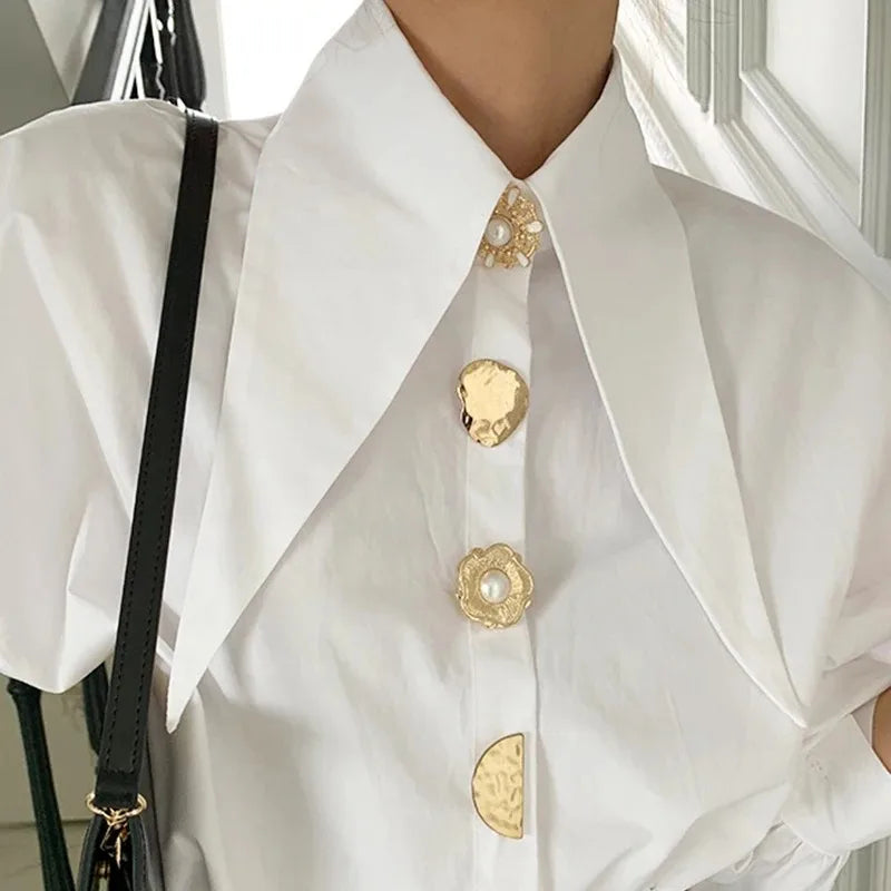 Women's White Dress Shirt with Gold Buttons and Overlap Collar