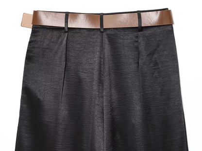 Women's Wide Leg Trousers with Belt, Elegant, Satin Tailored Fabric, High Waist