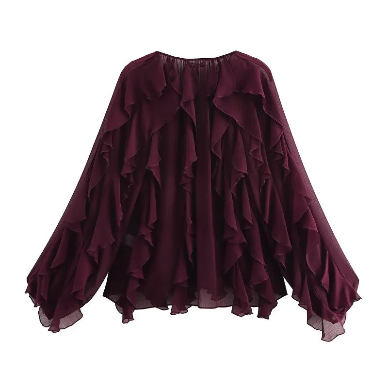 Women's blouses with ruffles, semi-sheer, casual, for spring, fairy-like style, with long sleeves.